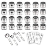 24 Magnetic Spice Tins, 117 PVC Spice Labels, 4 Stainless Steel Measuring Spoons and Recipes E-book by Sanquility. Round Storage Spice Jars Set of 24, Clear Top Lid with Sift or Pour