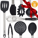 Silicone Kitchen Serving Utensil Set - Stainless Steel Metal and Black Utensils Including Tongs Spoons Spatula Ladle Whisk and Frosting Spatula Professional Nonstick Safe Modern Cooking Tools