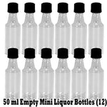 Mini ROUND Plastic Alcohol 50ml Liquor Bottle Shots + Caps (12)