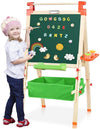 Evergreen Art Supply 3 In 1 Kids Wooden Art Easel with Bonus Kids Art Supplies, Double Sided Children Easel Chalkboard / Magnetic Dry Erase Board