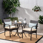 Great Deal Furniture Kevin Outdoor 3 Piece Wicker Bistro Set, Multi Brown with Cream Cushion