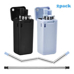 HIHOPER 2 Pack Collapsible Reusable Straw,Composed of Stainless Steel and Premium Food-Grade Silicone,Portable Set with ABS Hard Case Holder and Cleaning Brush,For Party,Travel,etc.(Black&Blue)