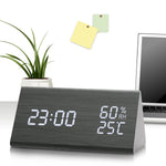 Digital Alarm Clock,  Dual Time (12/24) Mode, Three Alarm Sets, Date LED Display, 3 Levels Brightness, Temperature and Humidity Wood Grain Clock for Bedrooms