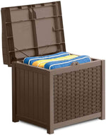 Suncast 22 Gallon Resin Storage Seat - Contemporary Indoor and Outdoor Bin Stores Tools, Toys, and Accessories - Mocha Wicker